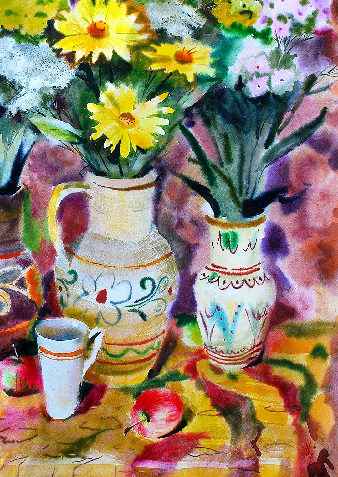 White ceramic pitcher with watercolor floral patterns by Egor Shvachunov