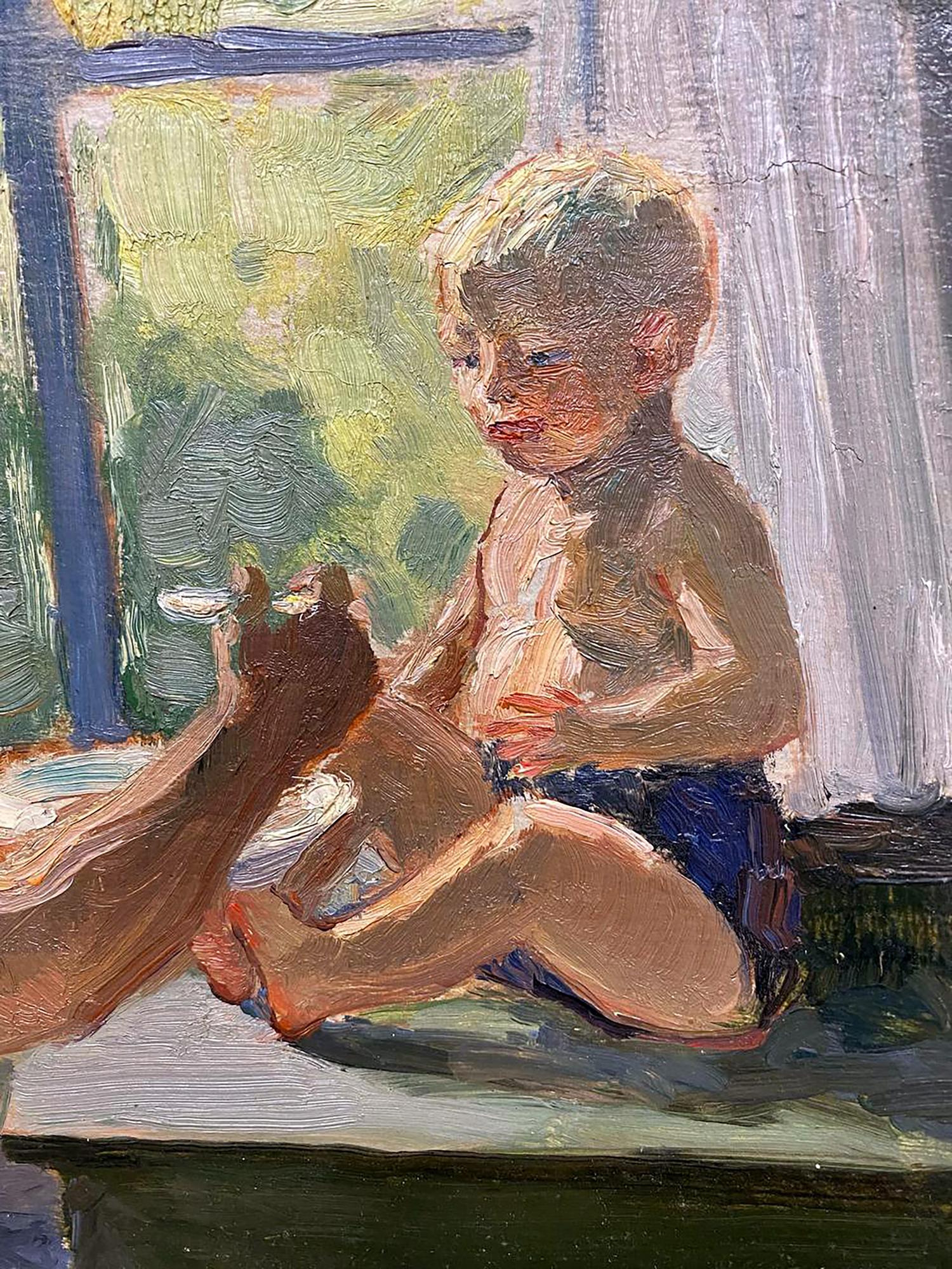 Oil painting by Tkachenko Evgeny Nikolaevich: blonde child in blue shorts on windowsill