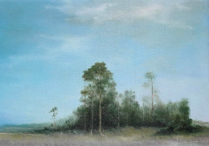 Serene oil painting by Korkishko Vasily: tall green trees, lavender blooms, blue sky
