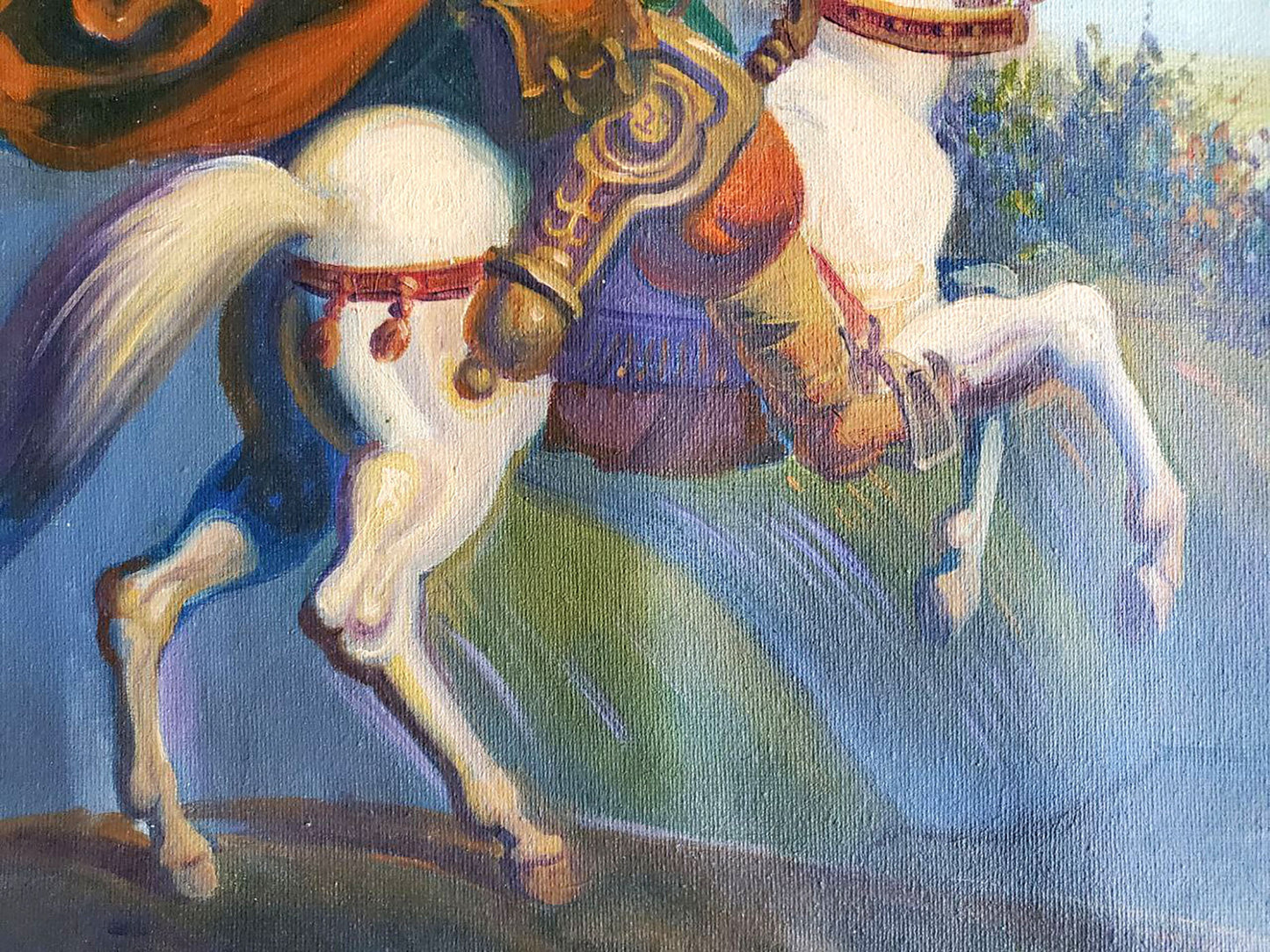 Oil painting of white Mongolian hunter horse in golden armor by Litvinov Daniil Olegovich
