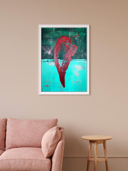 Acrylic painting Pepper by Melezhik Olga: red heart on teal green background