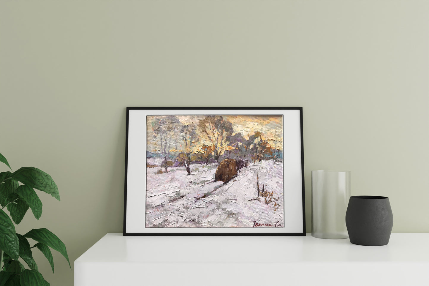 Black-framed snowy landscape oil painting by Alex Ivanyuk, signed Ivanov
