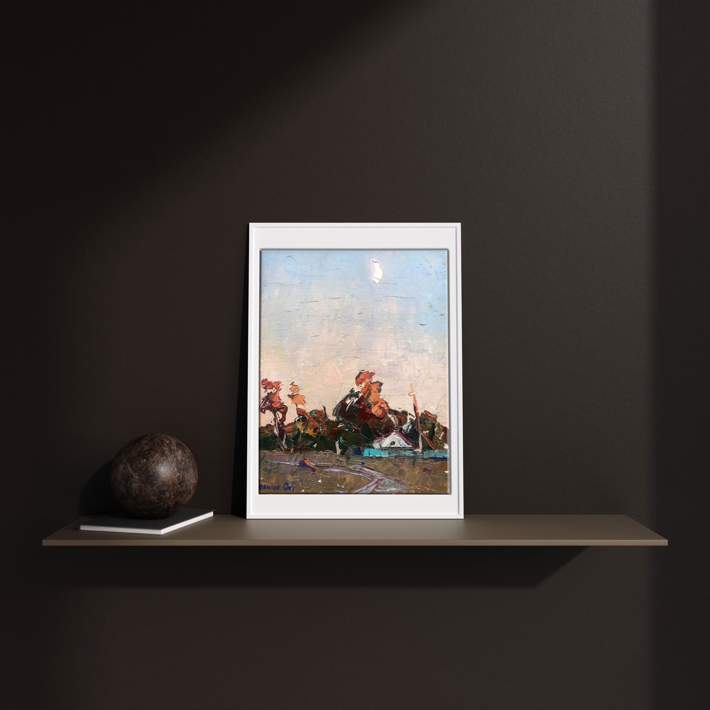 White-framed oil painting Twilight Colors Over the Countryside by Alex Ivanyuk