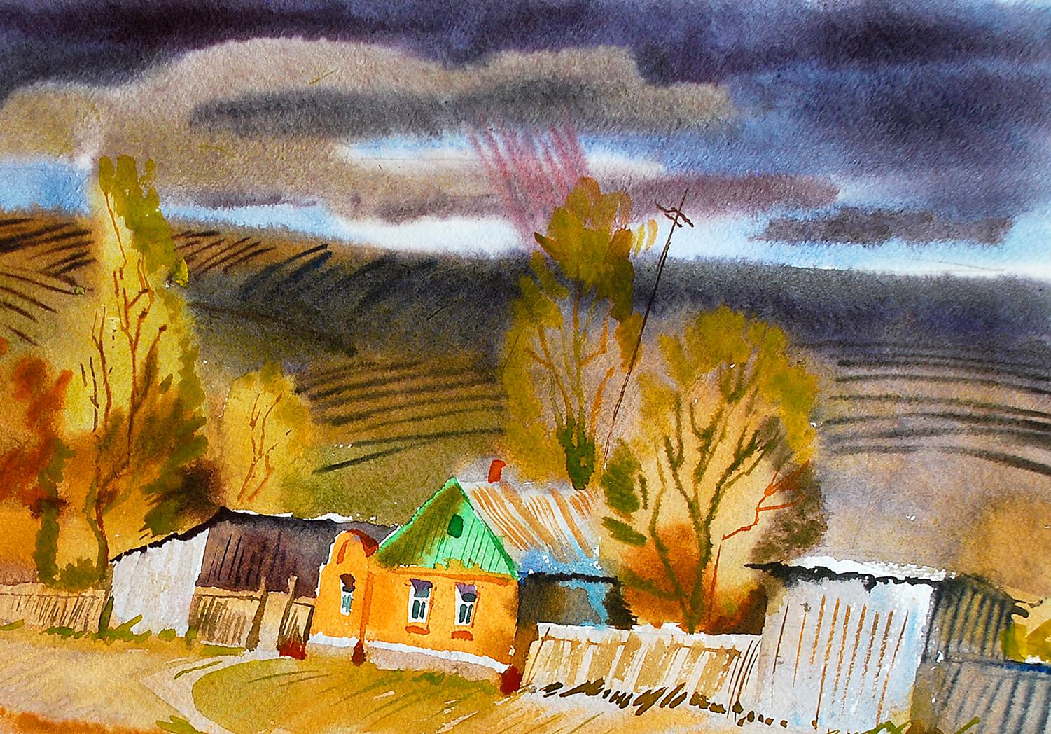 Watercolor painting of rustic yellow house with green roof by Egor Shvachunov