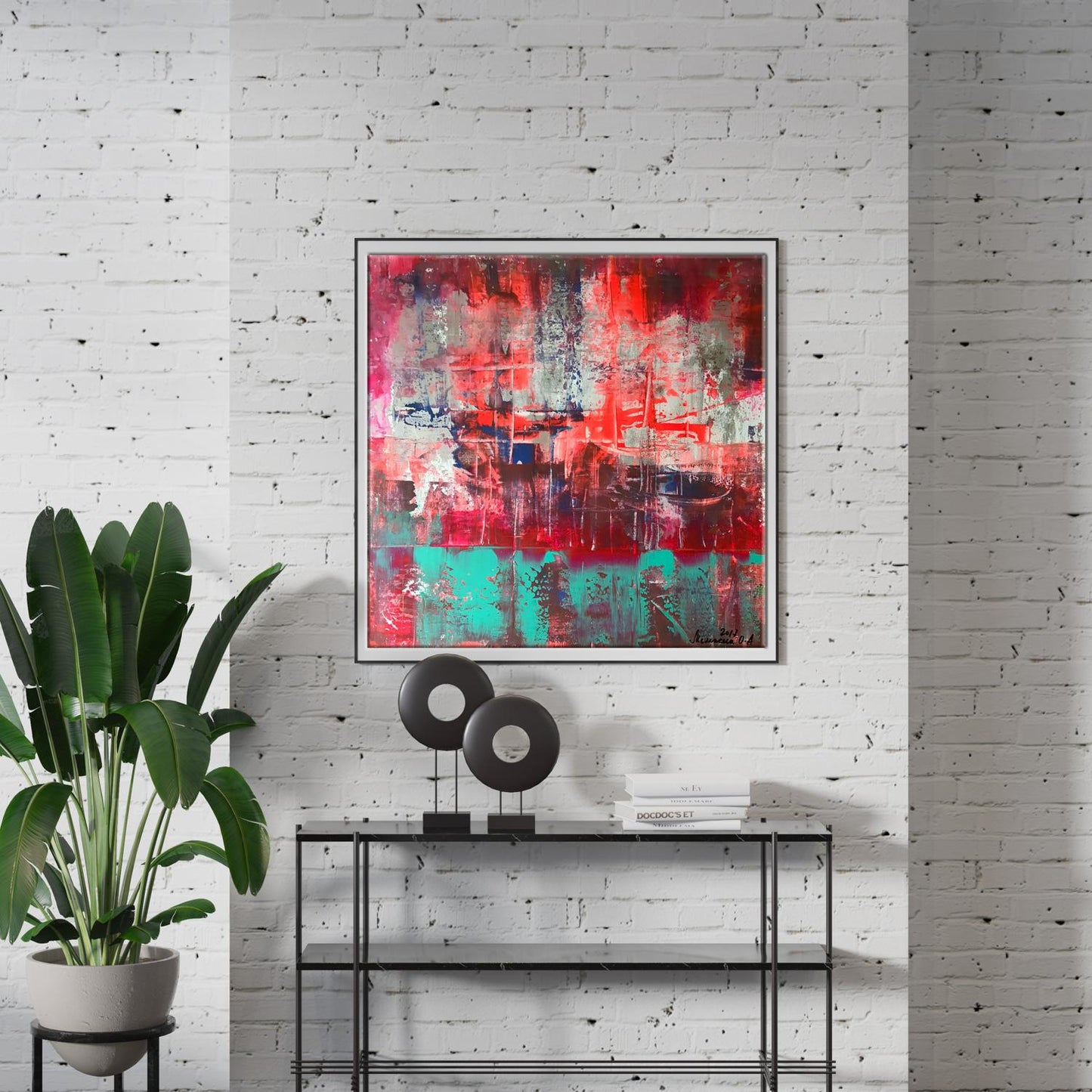 Abstract acrylic painting Berth Melezhik Olga with red teal gray strokes in black frame