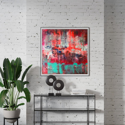 Abstract acrylic painting Berth Melezhik Olga with red teal gray strokes in black frame