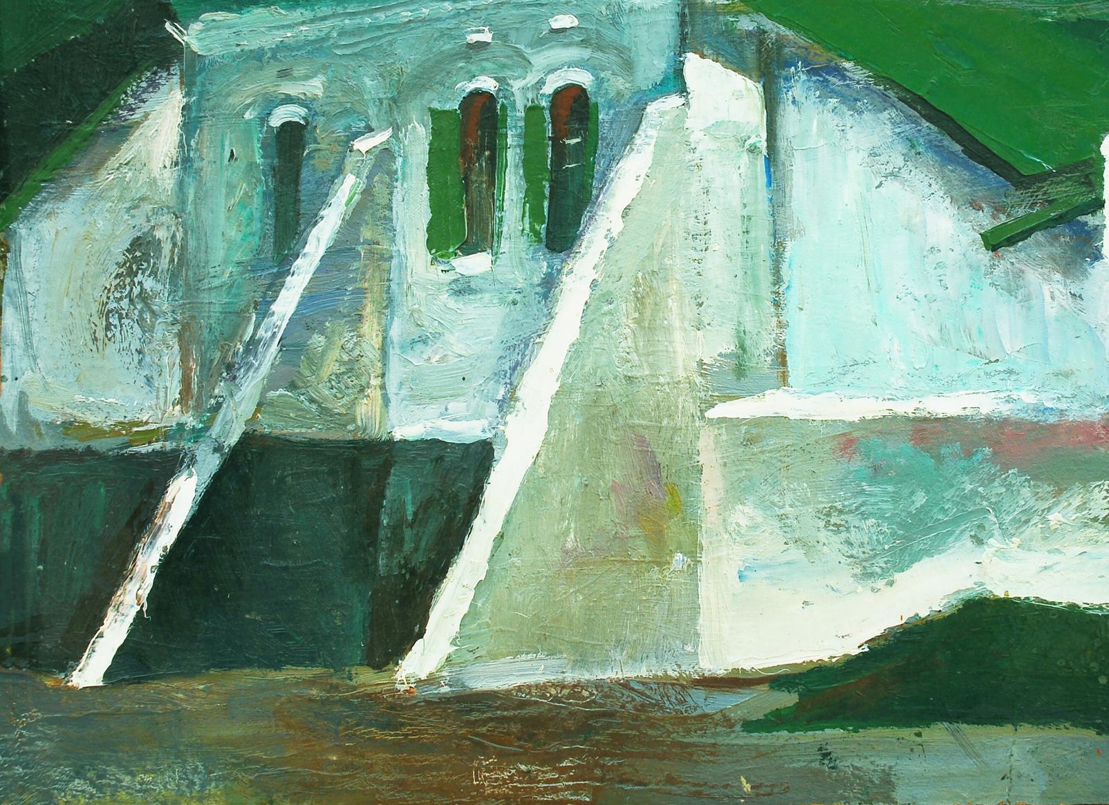 Oil painting of Buttress House by Egor Shvachunov, white teal building with green accents