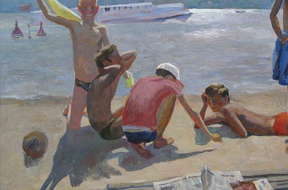 Impressionist oil painting of Hydropark Chichkan by Leonid Illich: kids on beach