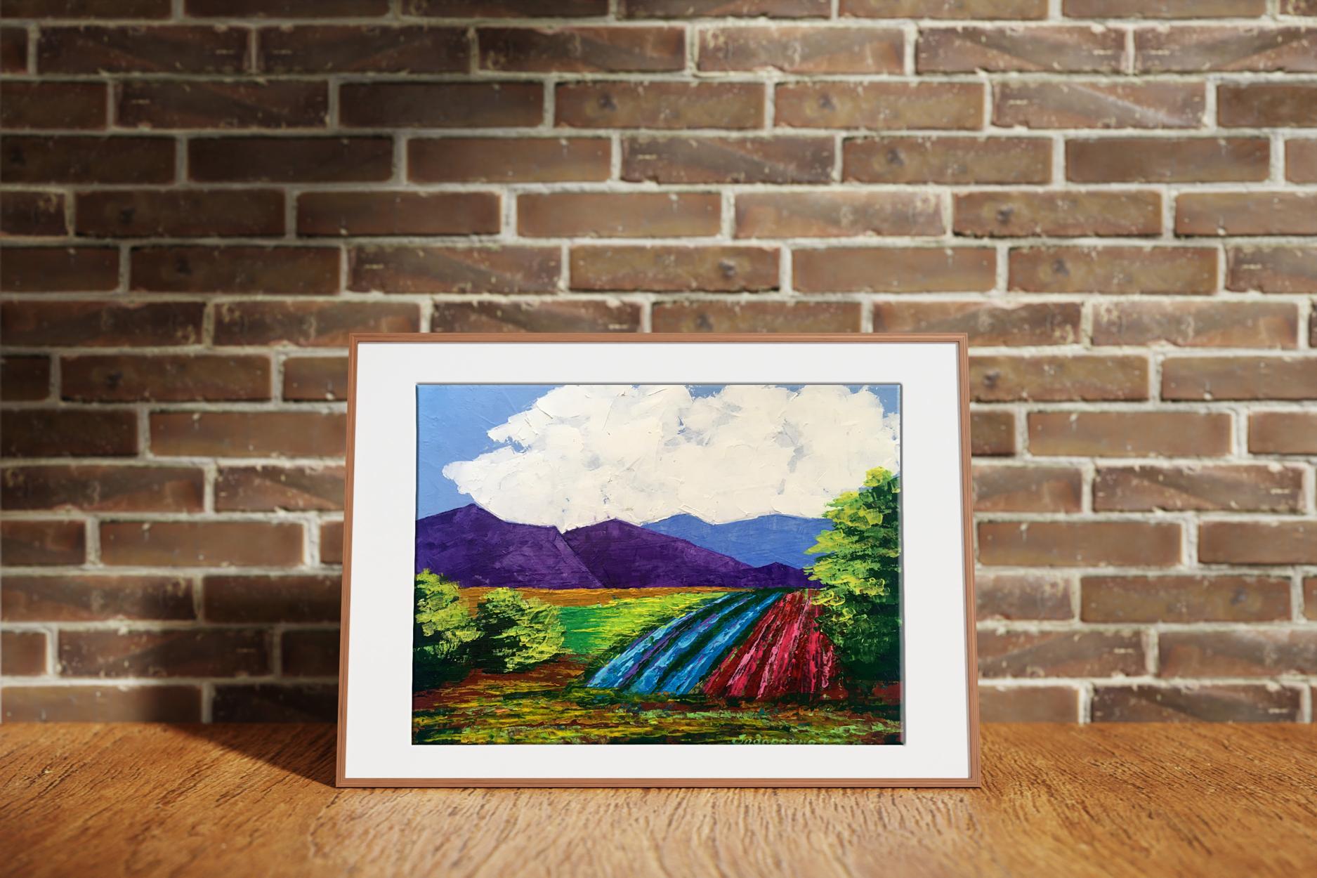 Oil painting Vineyards in the mountains by V. Zadorozhnya, purple peaks and fields