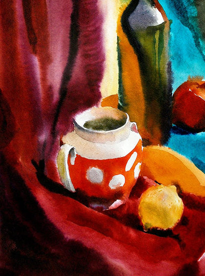Red polka dot ceramic jug on deep red fabric in Egor Shvachunov watercolor still life