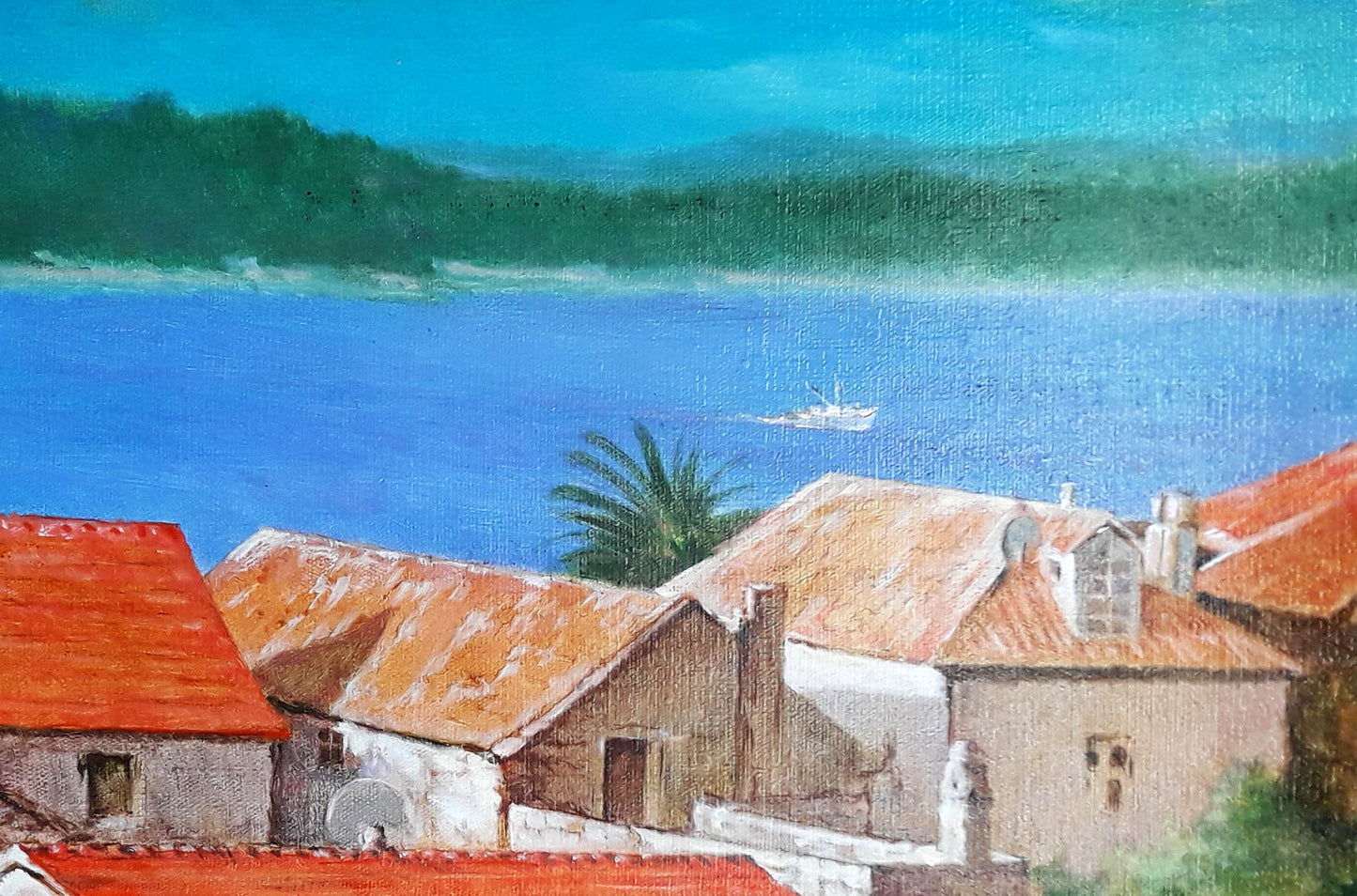Oil painting Villas by the Sea by Vasily Korkishko, coastal village scene