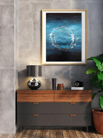 Framed swirling blue white water splash abstract painting by Melezhik Olga