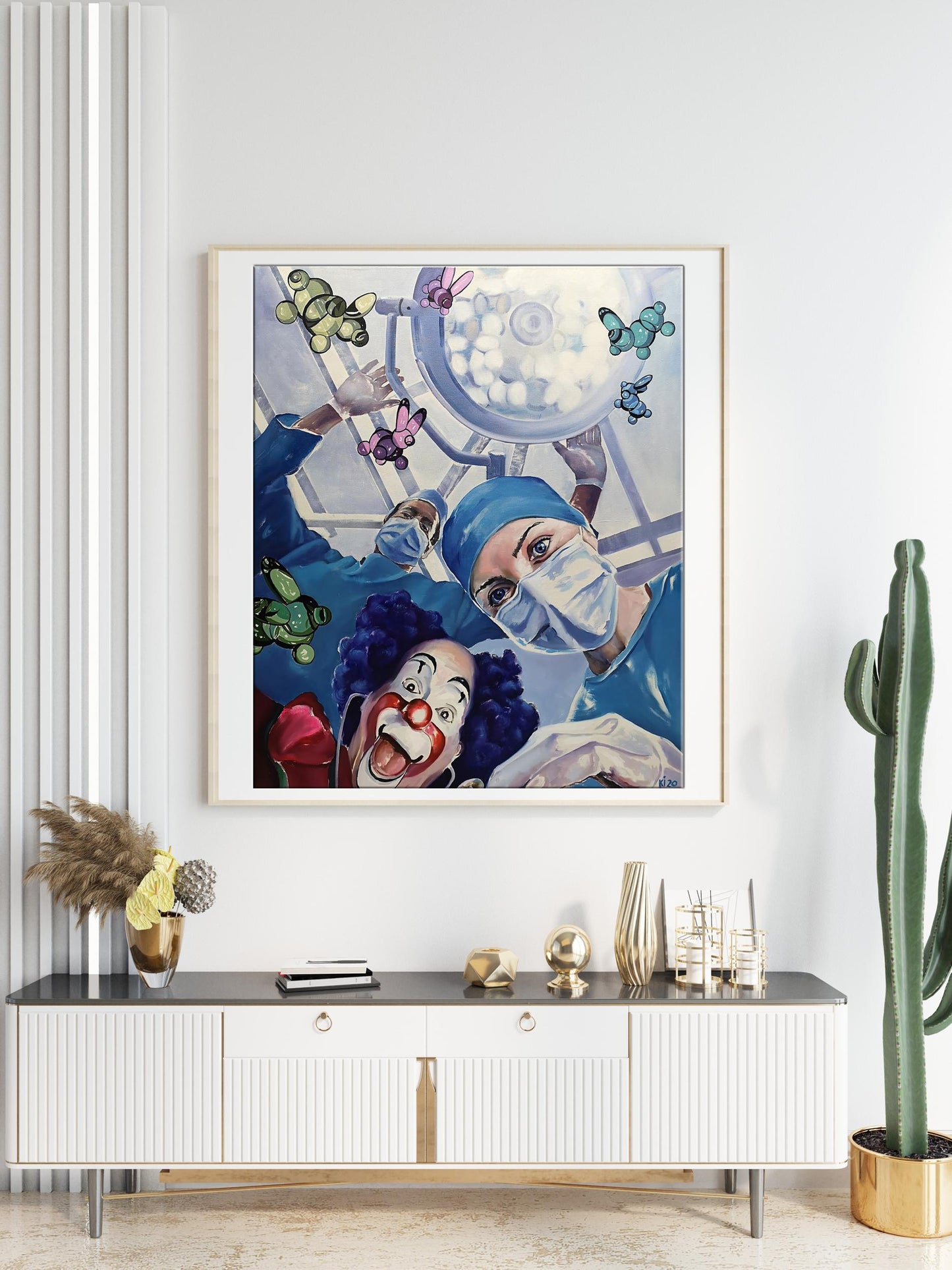 Framed Igor Konovalov oil painting of surgeon, clown, butterflies in OR