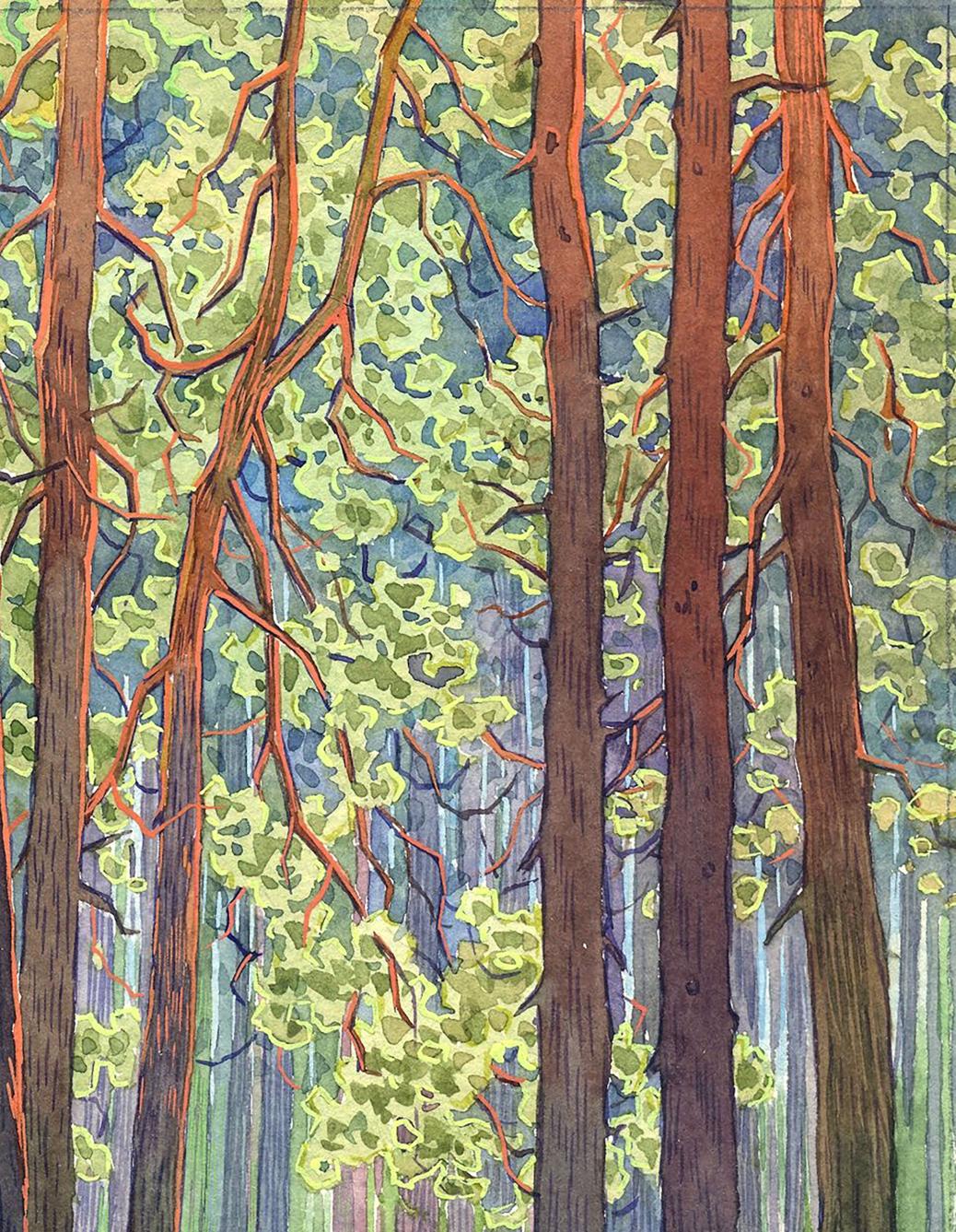 Valery Savenets captures the green forest in watercolor.