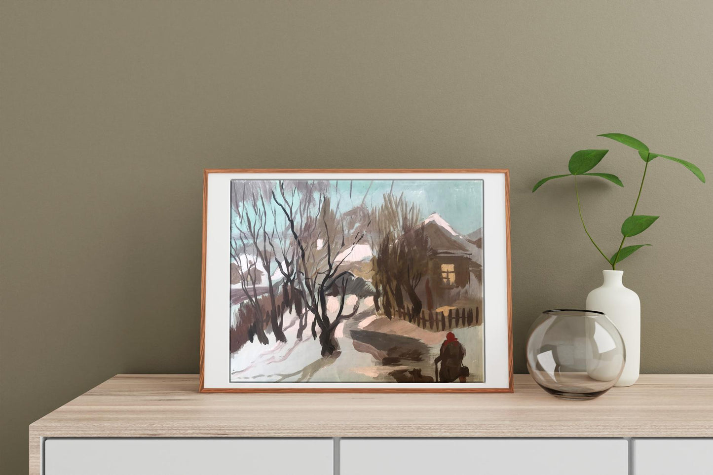 Oil painting Grandma returns in the evening by Alexander Litvinov, winter landscape in light wood frame