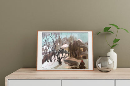 Oil painting Grandma returns in the evening by Alexander Litvinov, winter landscape in light wood frame