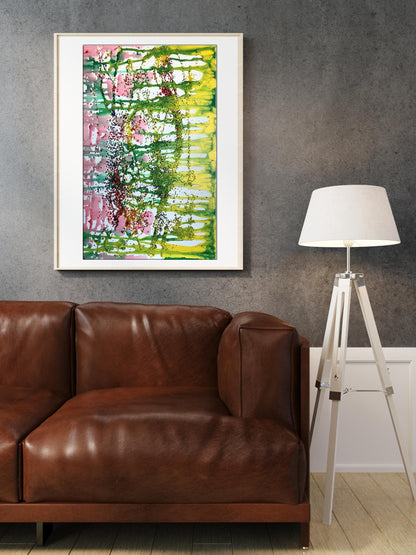 Acrylic painting Morning sun by Melezhik Olga in white frame on gray wall