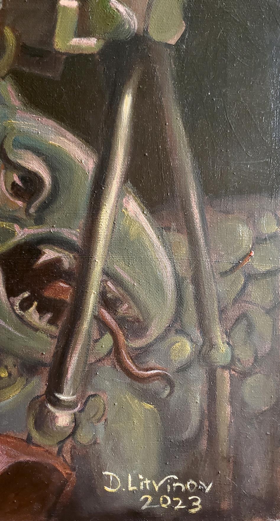 Dark abstract oil painting by Litvinov Daniil Olegovich, metallic tripod structure