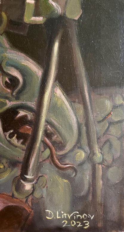 Dark abstract oil painting by Litvinov Daniil Olegovich, metallic tripod structure