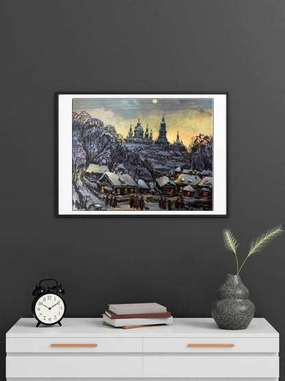 Framed winter village oil painting by Alexander Litvinov with snowy rooftops