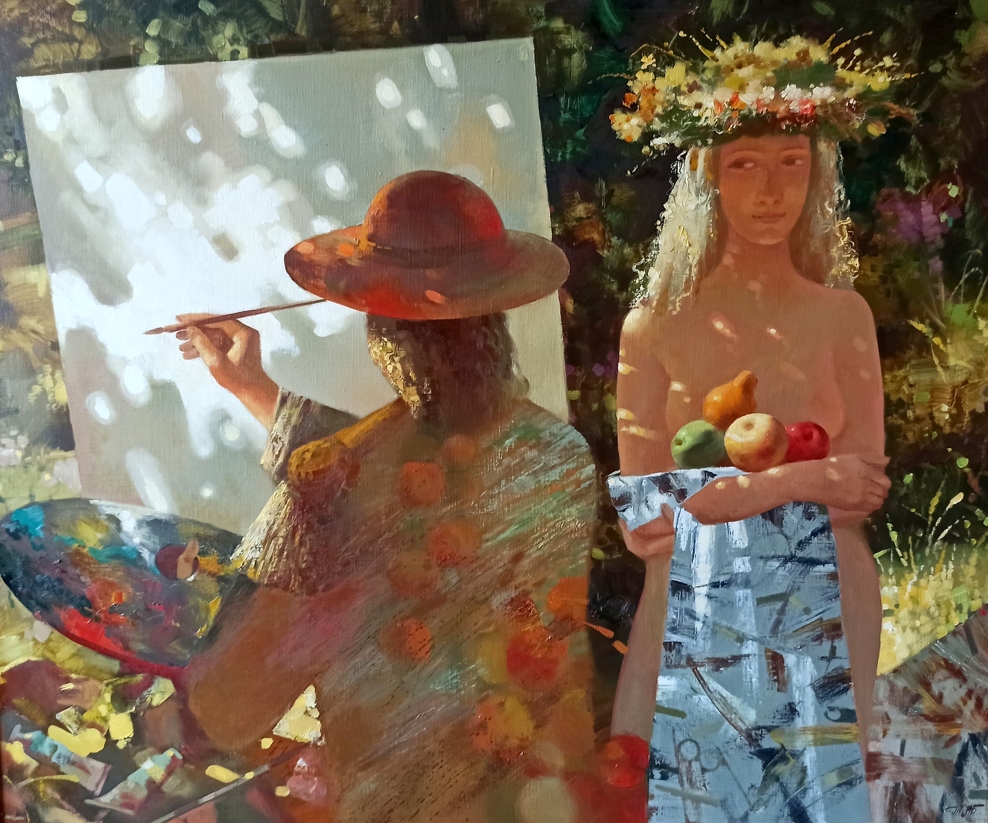 Painter in red hat with palette paints stylized portrait of woman with floral crown and fruit