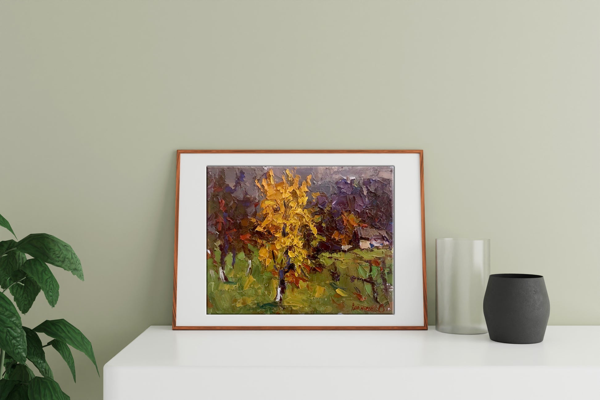 Framed oil painting Autumn Twilight and Yellow Tree by Oksana Ivanyuk