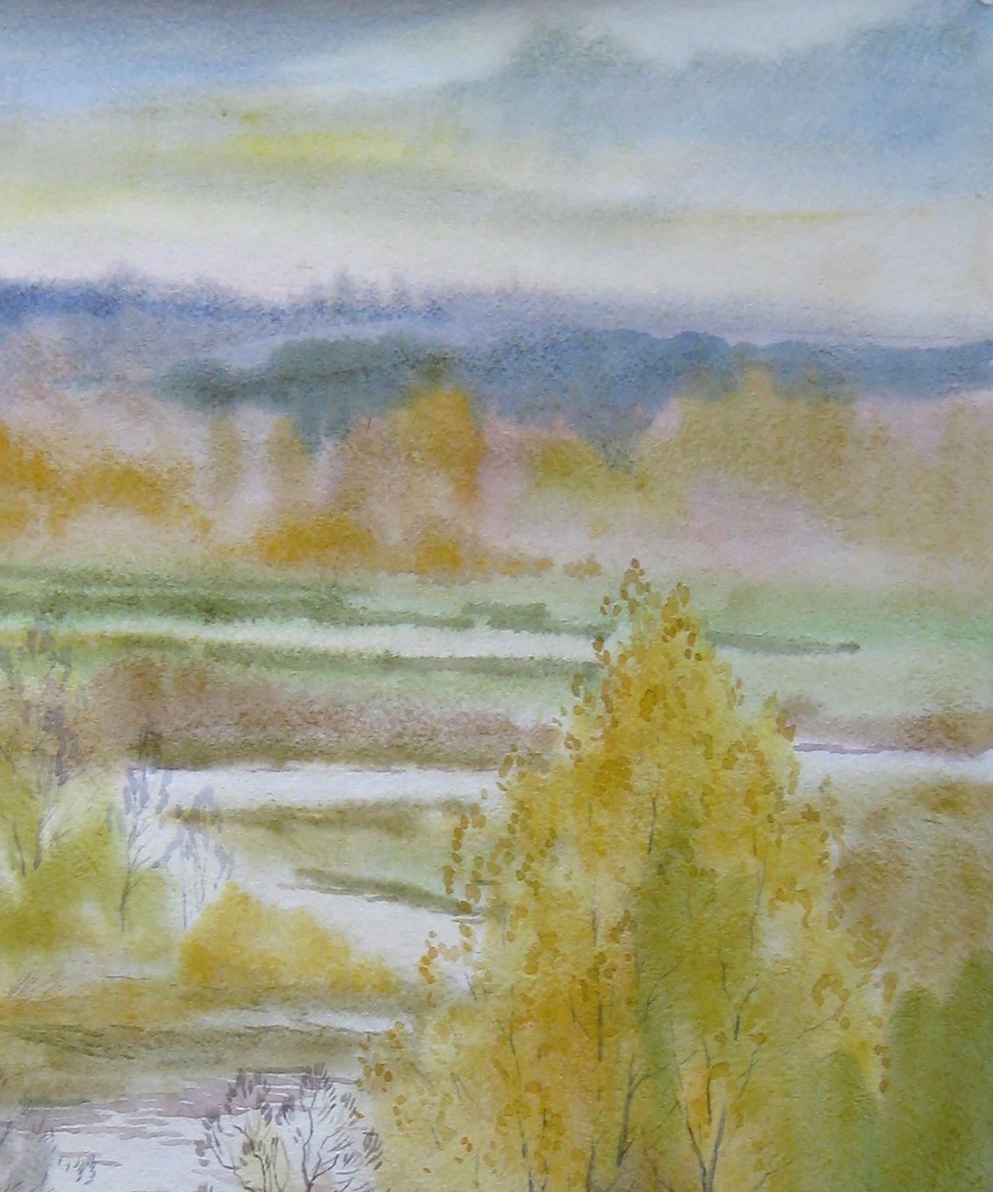 Watercolor painting Autumn Village landscape 