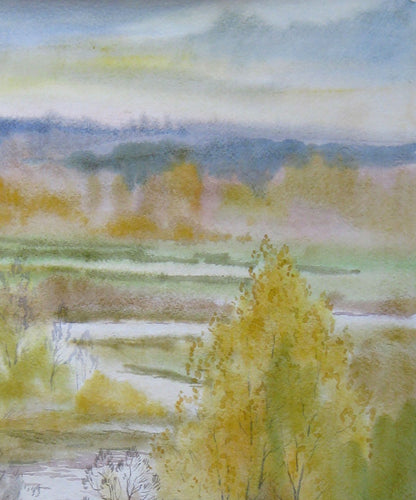 Watercolor painting Autumn Village landscape 