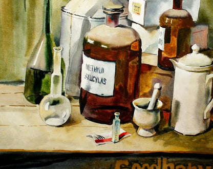 Watercolor painting of methyl salicylate bottle by Egor Shvachunov