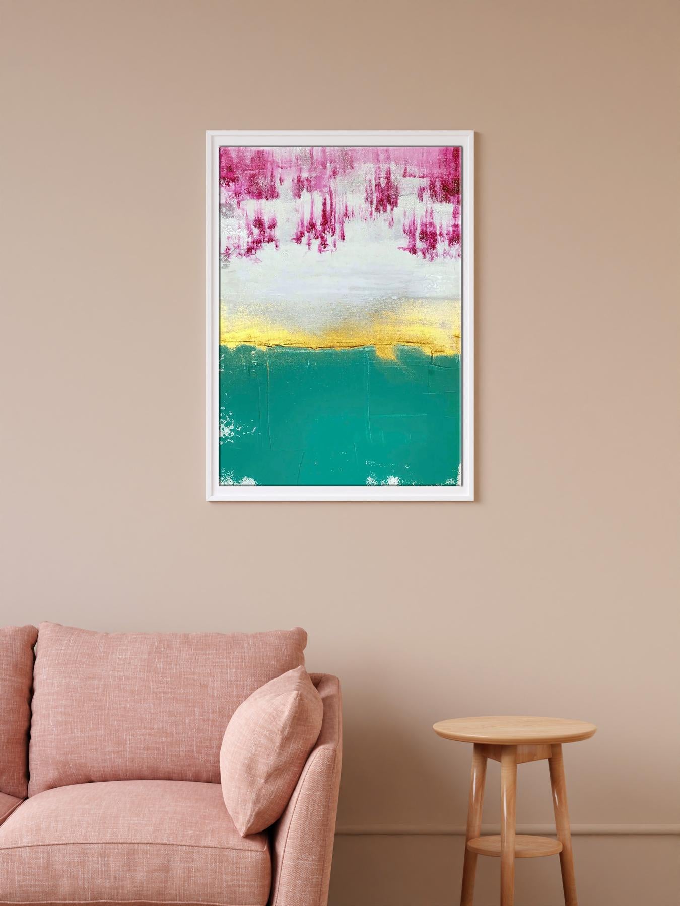 Framed acrylic painting Bloom by Melezhik Olga with pink white yellow teal bands