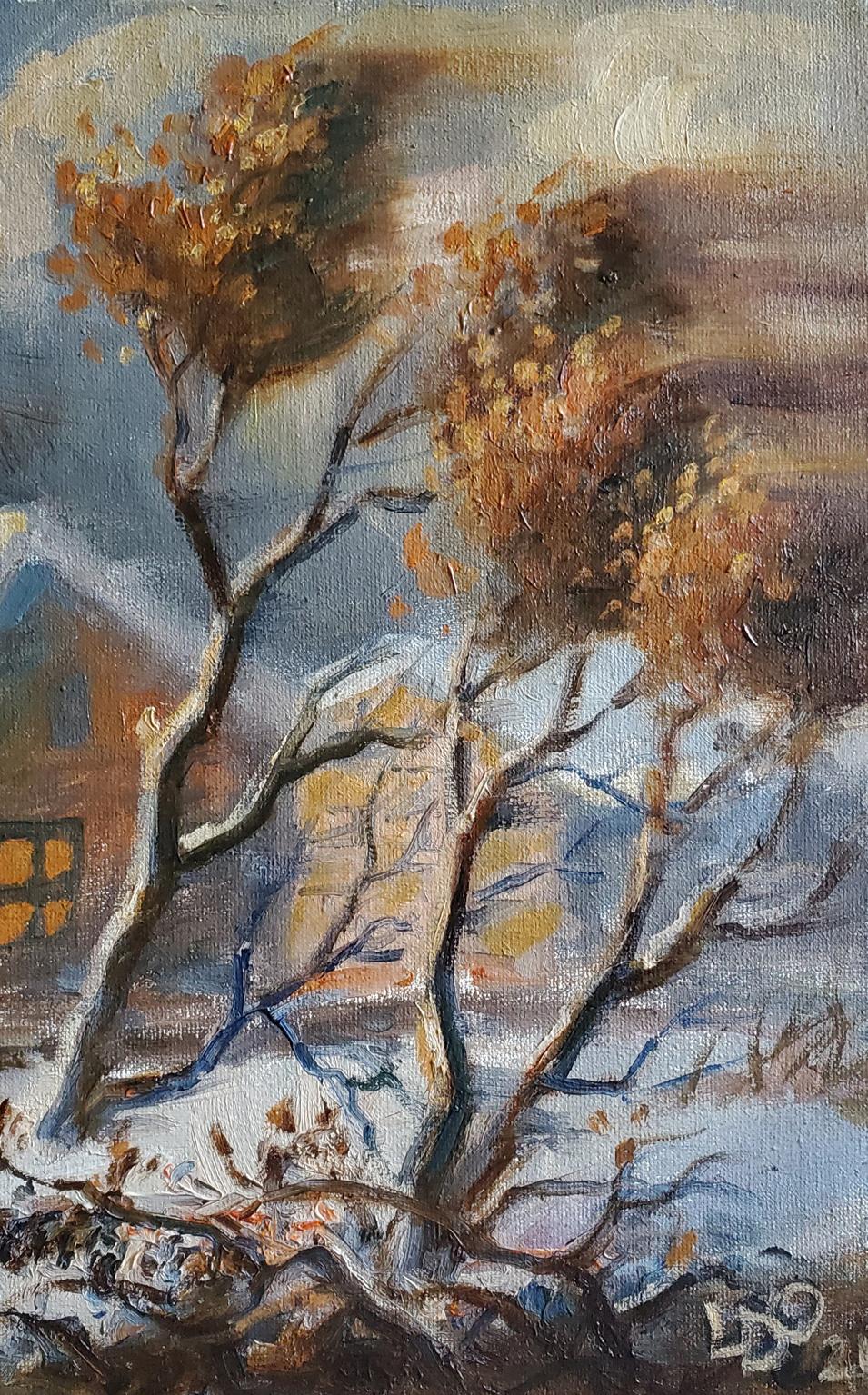 Autumnal house near railway by Litvinov Daniil Olegovich, snowy impressionistic oil painting