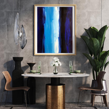 Waterfall: modern abstract painting with blue purple strokes in wood frame