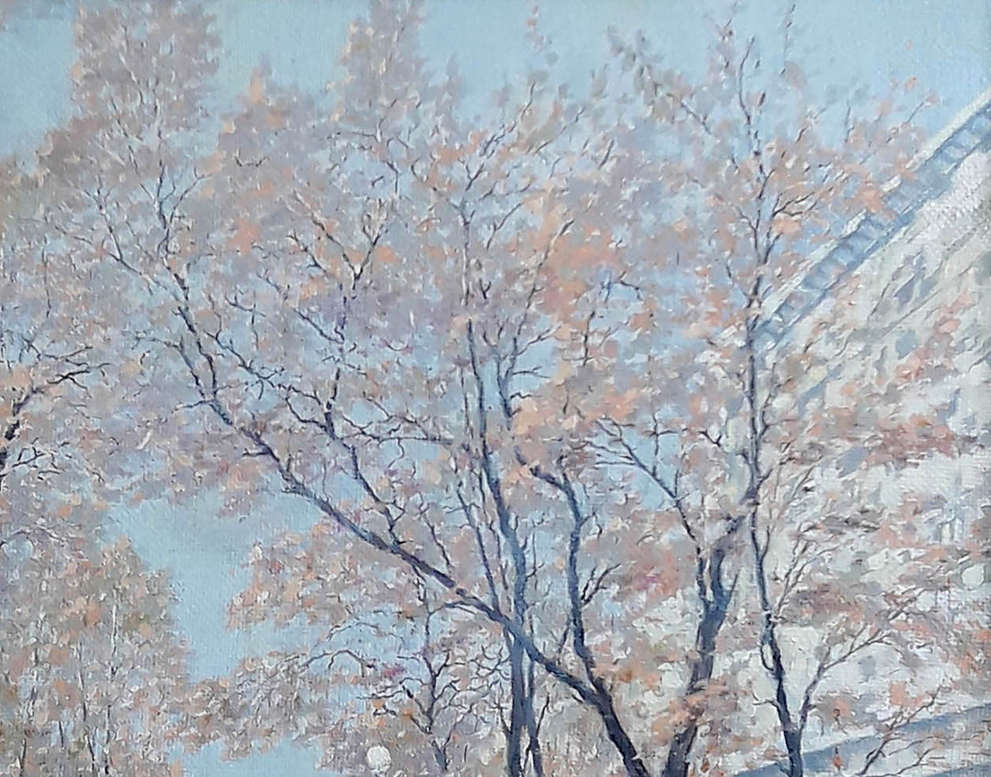 Soft pastel oil painting of Yavornytsky Avenue trees in pink blossoms by Korkishko Vasily