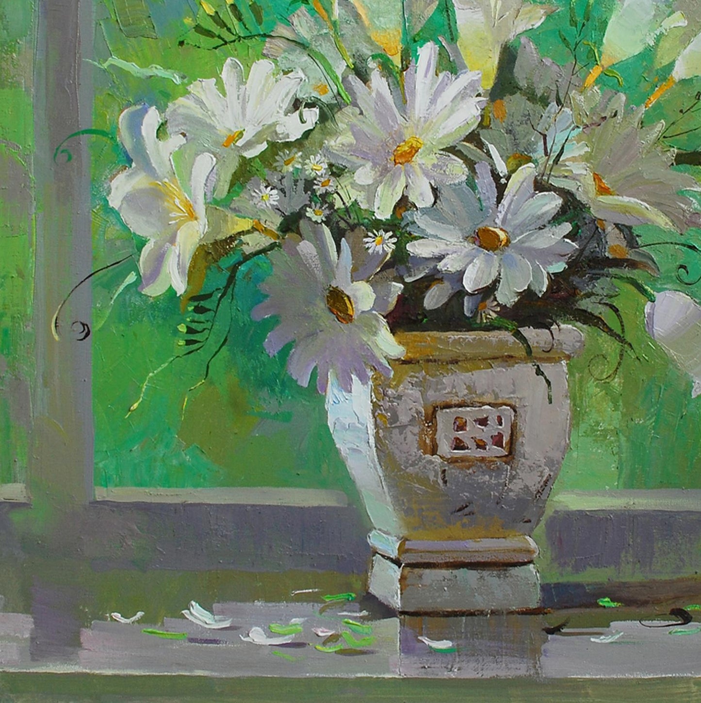 Oil painting by Egor Shvachunov: gray stone urn with daisies, lilies