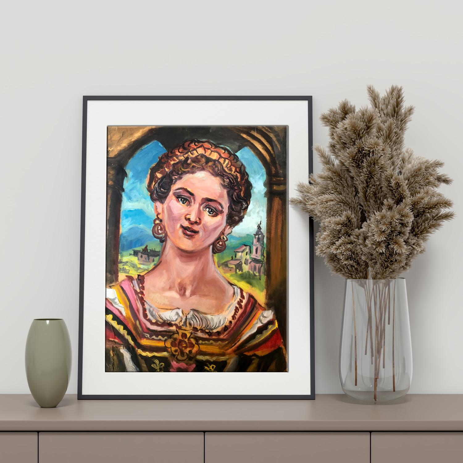 Framed Frida Kahlo oil portrait in black frame with white matting