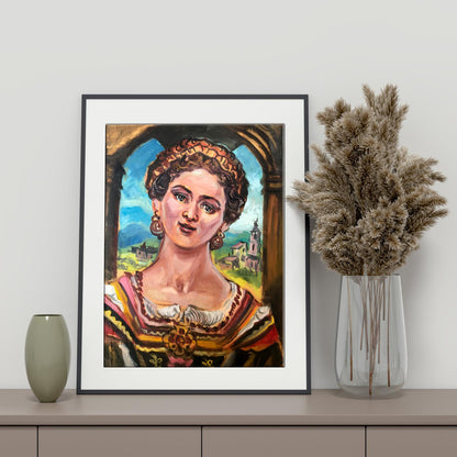 Framed Frida Kahlo oil portrait in black frame with white matting