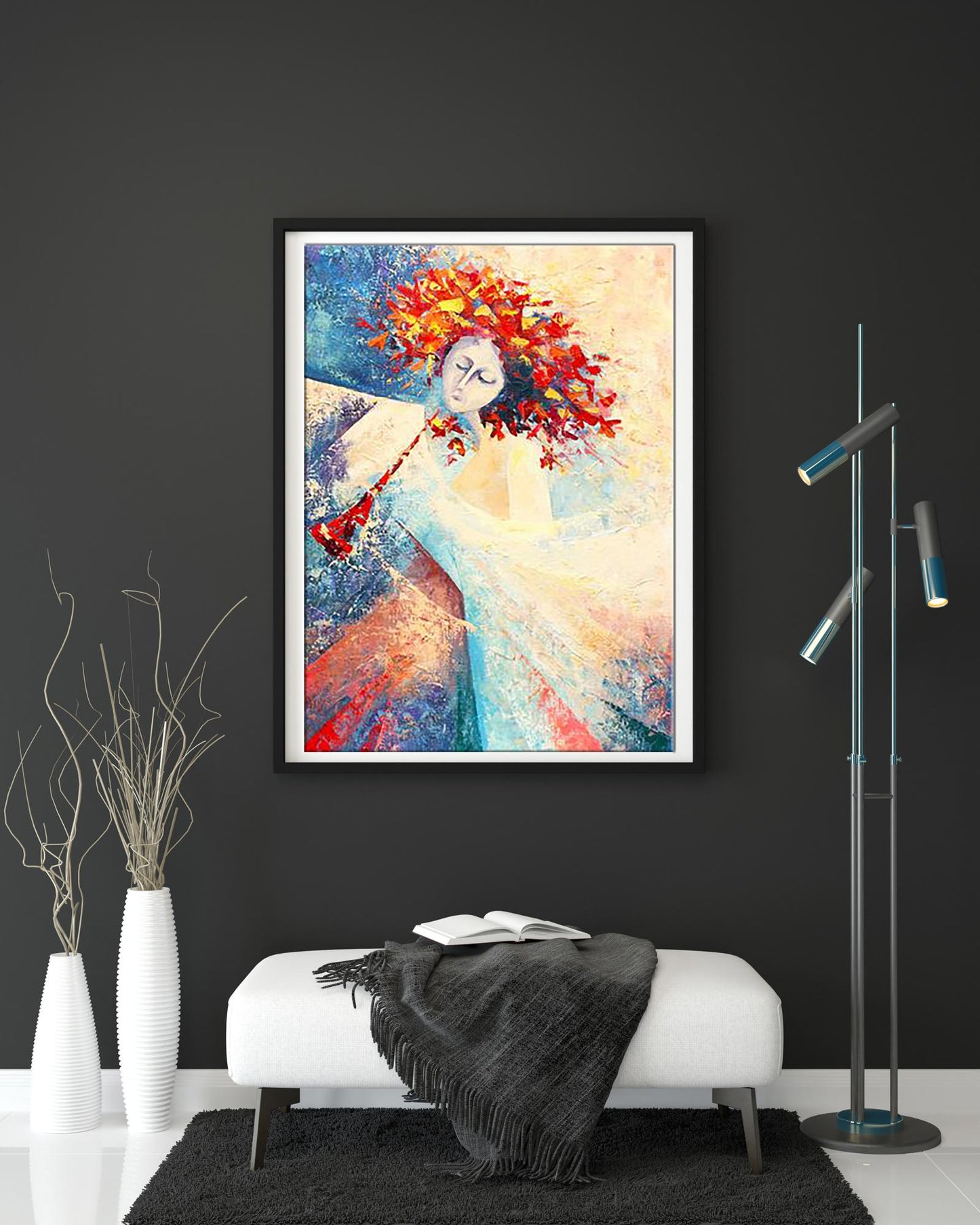 Oil painting Spring song by Kirilenko Ivan: vibrant abstract woman in black frame