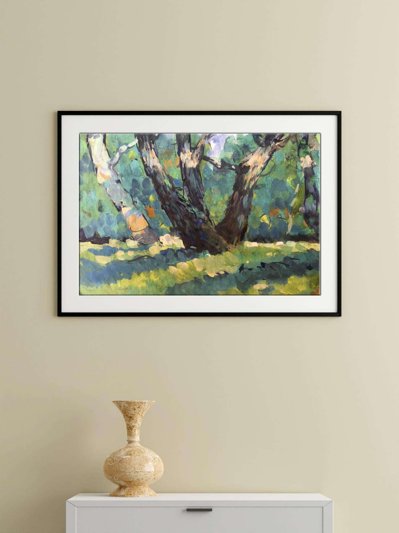 Beige textured vase on white cabinet in Litvinov Oil painting In the meadow