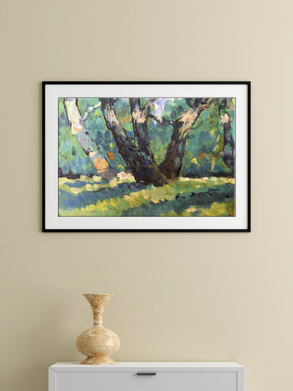 Beige textured vase on white cabinet in Litvinov Oil painting In the meadow