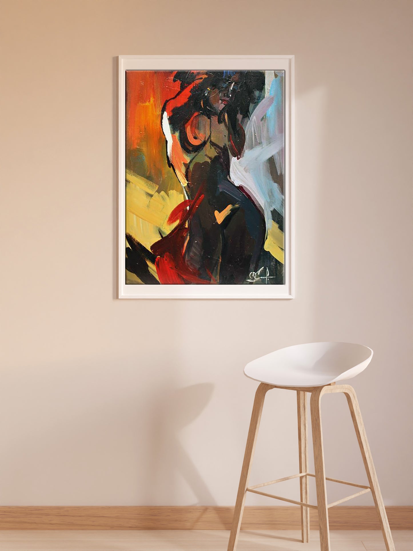 Framed oil painting In the warm rays by Kozyar Yuri with bold red black orange strokes