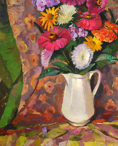 Oil painting of still life with white ceramic pitcher of colorful flowers by Egor Shvachunov