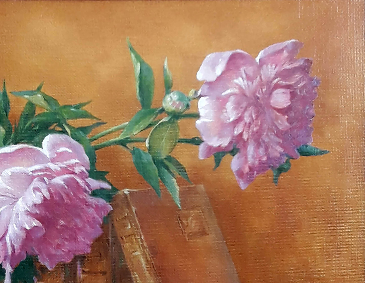 Oil painting of delicate pink peony still life by Vasily Korkishko