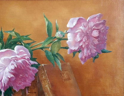 Oil painting of delicate pink peony still life by Vasily Korkishko