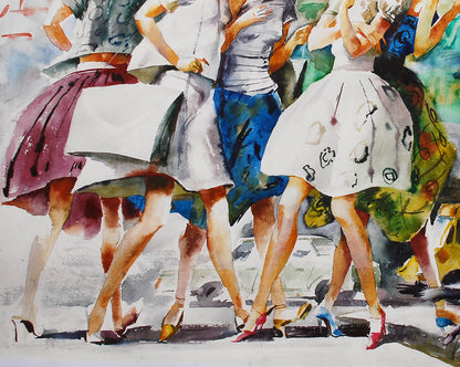 Watercolor painting of women in colorful skirts and heels by Egor Shvachunov