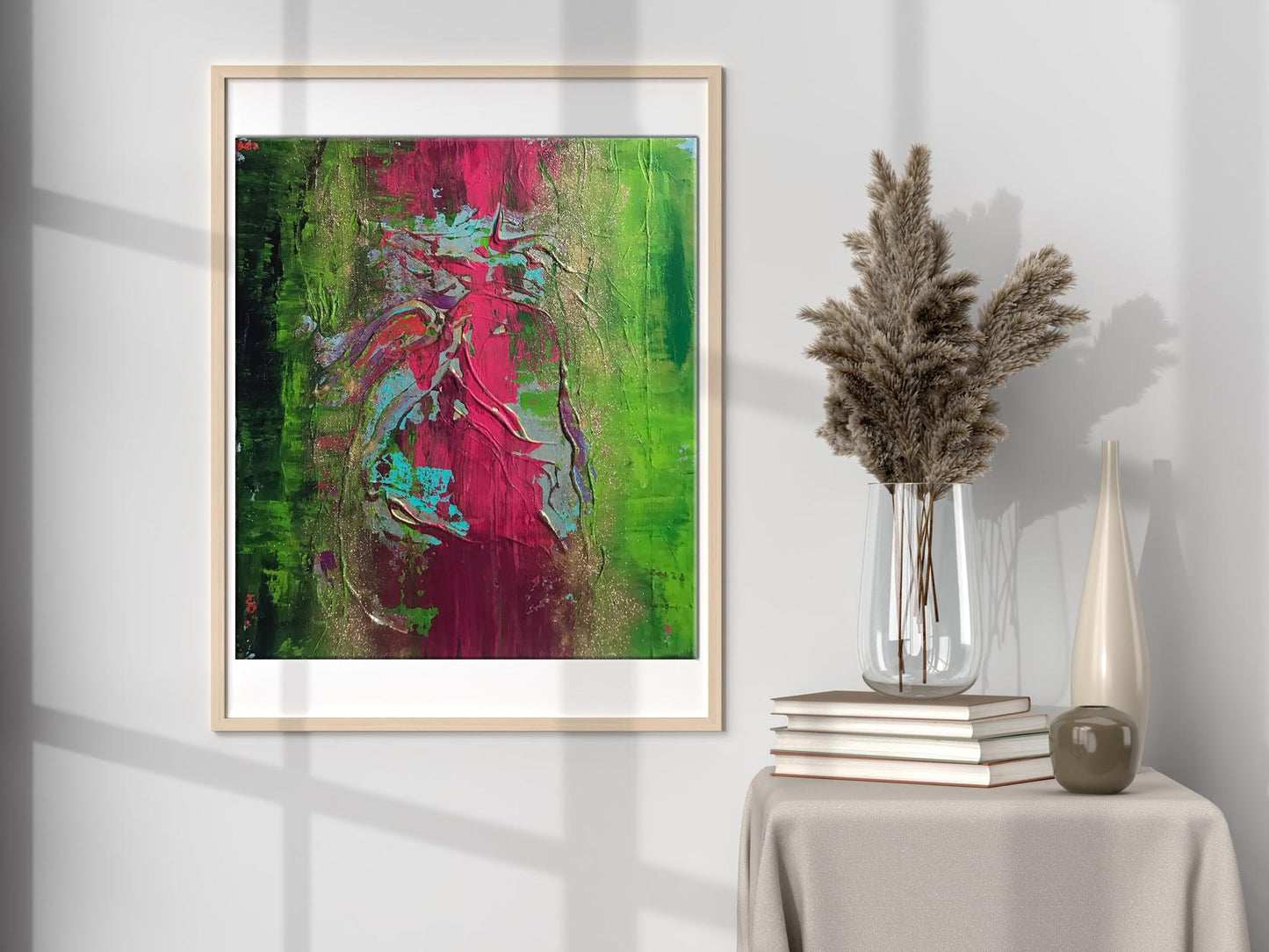 Vibrant acrylic luxury beach painting by Melezhik Olga in magenta green strokes, light wood frame