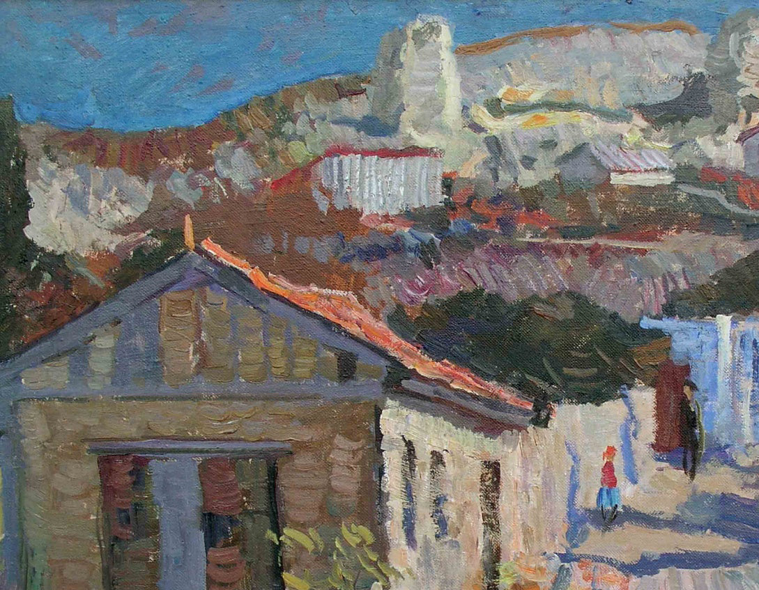 Vibrant oil painting Hot day C. by Sergeyeva Nina: sunlit hillside village
