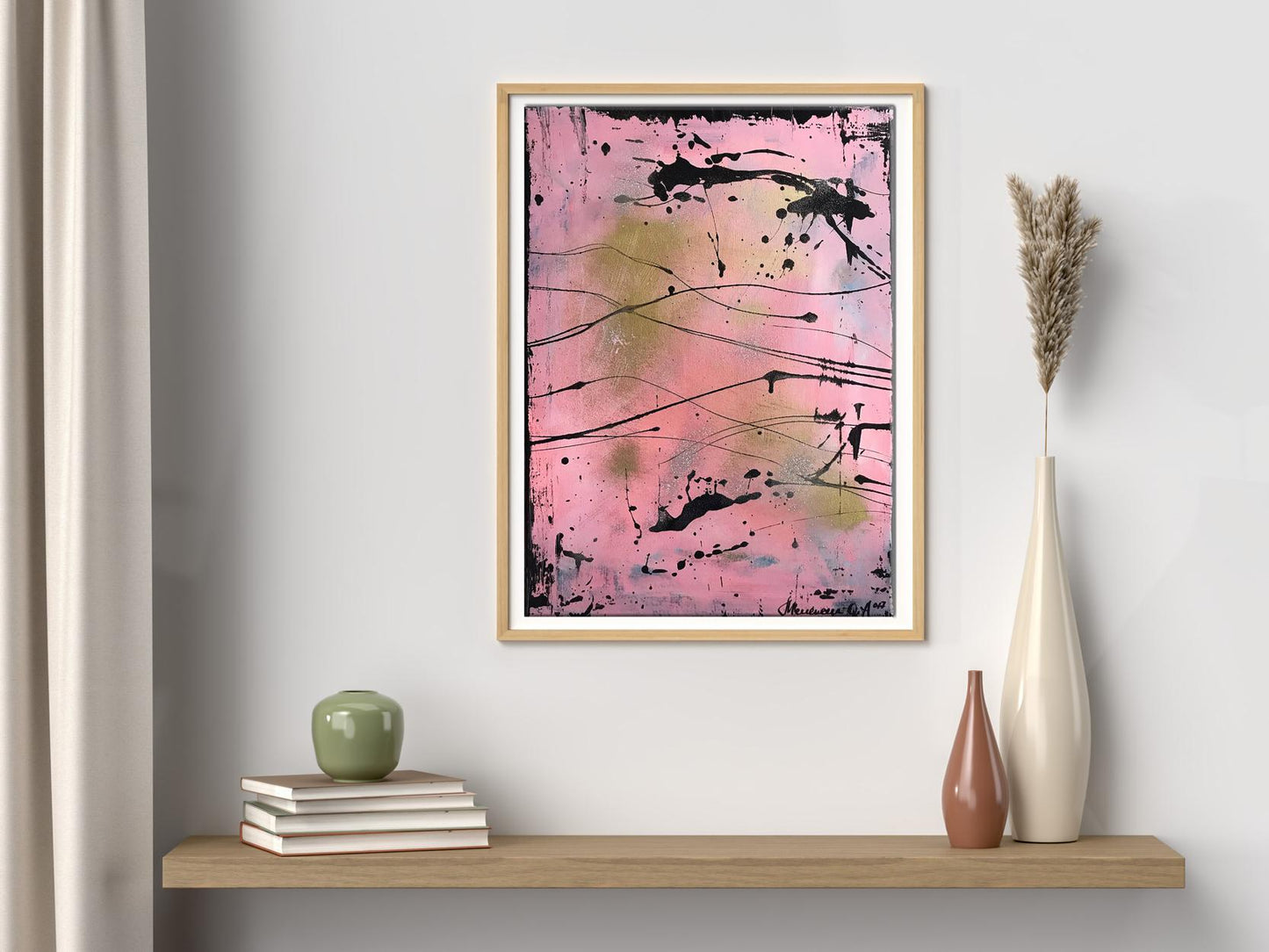 Pink abstract Tenderness painting by Olga Melezhik in light wood frame