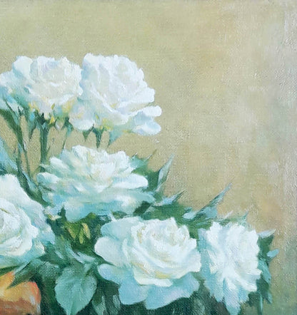 Impressionistic oil painting of white and yellow roses in vase by Vasily Korkishko
