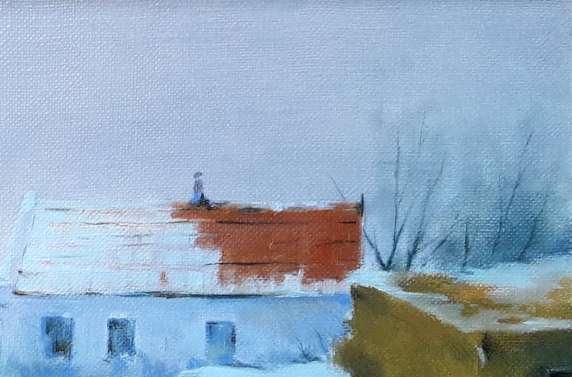 Snowy landscape oil painting by Vasily Korkishko: white house with red roof