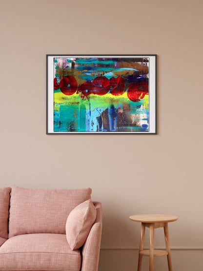 Acrylic painting Dance of Life by Melezhik Olga, bold red circles on teal yellow blue